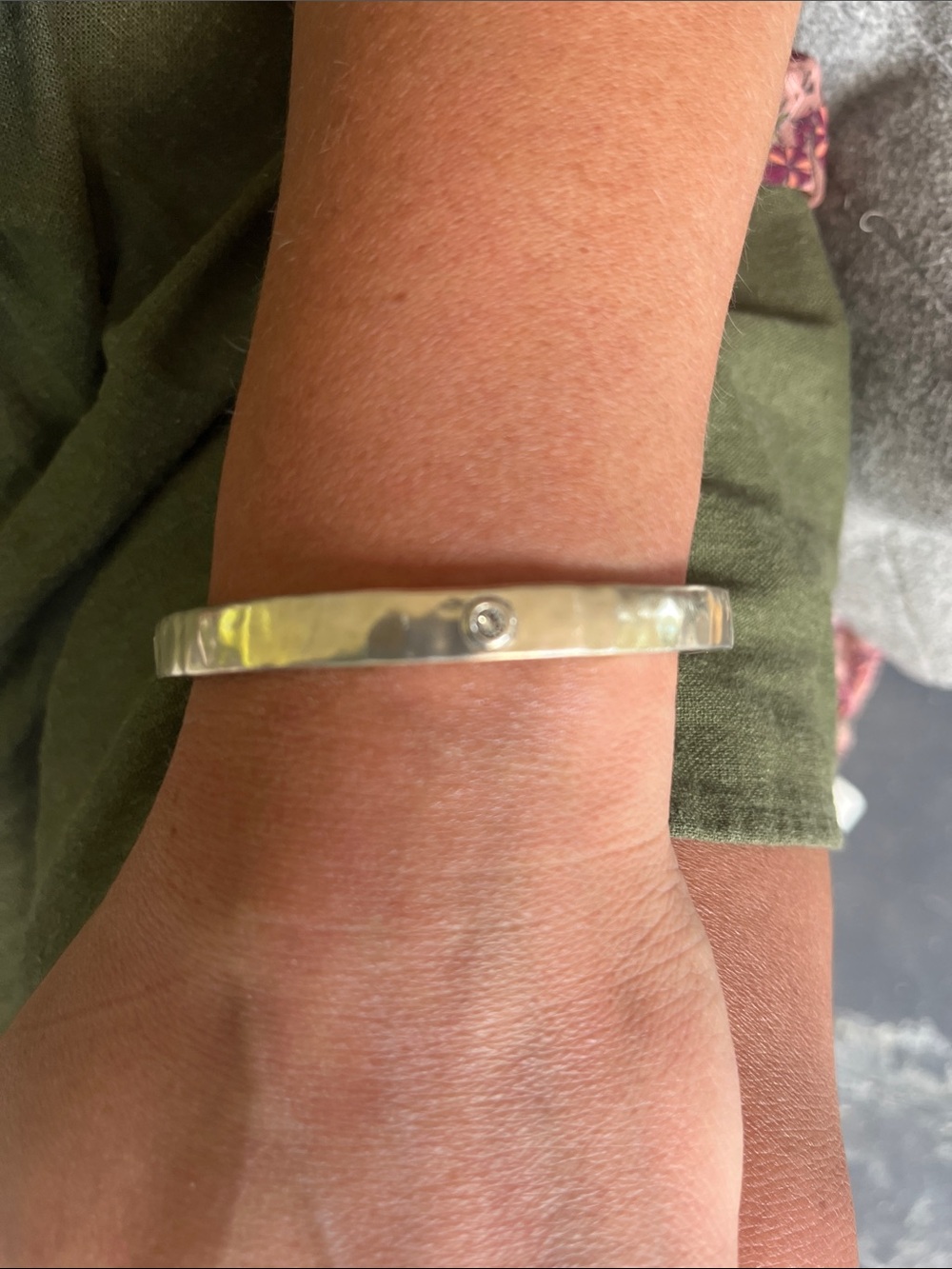 Sterling Silver Hammered Bangle with CZ Accent